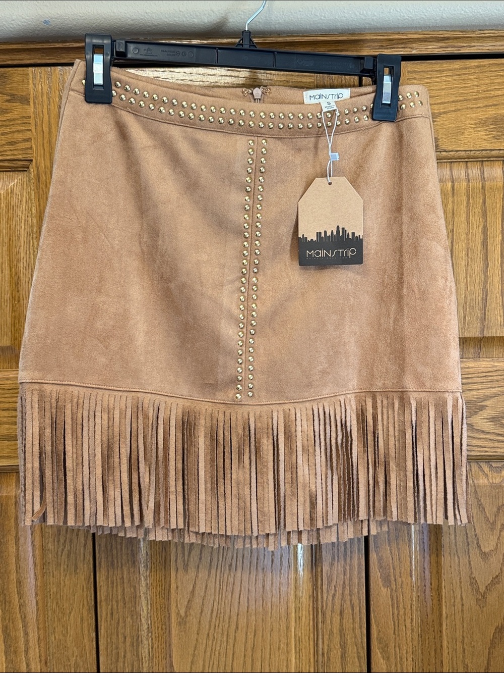 Main Strip Tan Suede Fringe Mini Skirt with Gold Studs